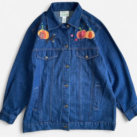 Quacker Factory Jackets & Blazers - Vintage Quacker Factory Embroidered Denim Halloween  Scarecrow Pumpkin Jacket
